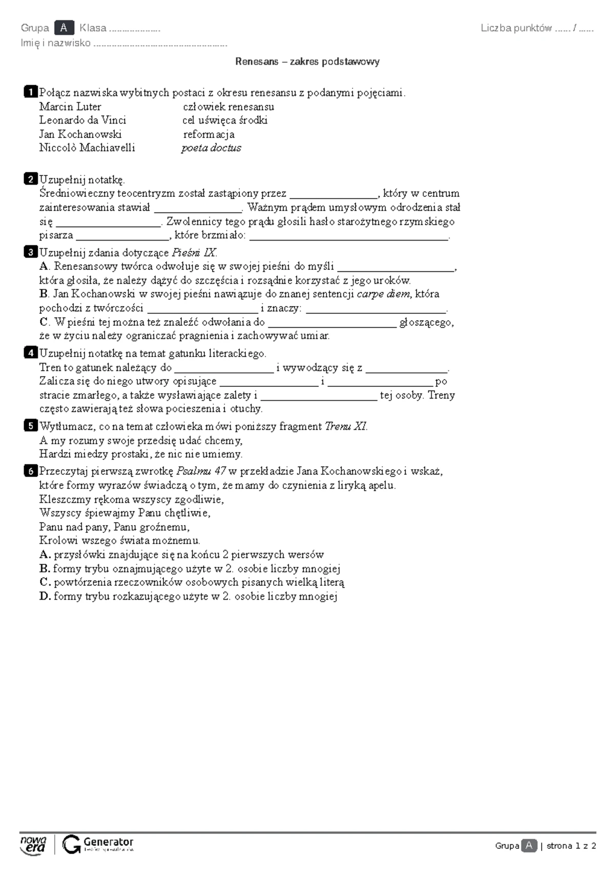 Sprawdzian Z Renesansu 1 Technikum