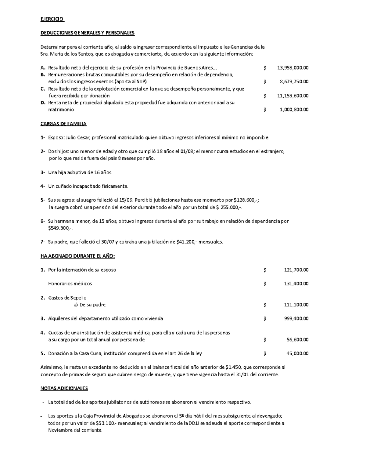Ejercicio Deducciones Generales y Personales 2025 - Impuesto a las ...