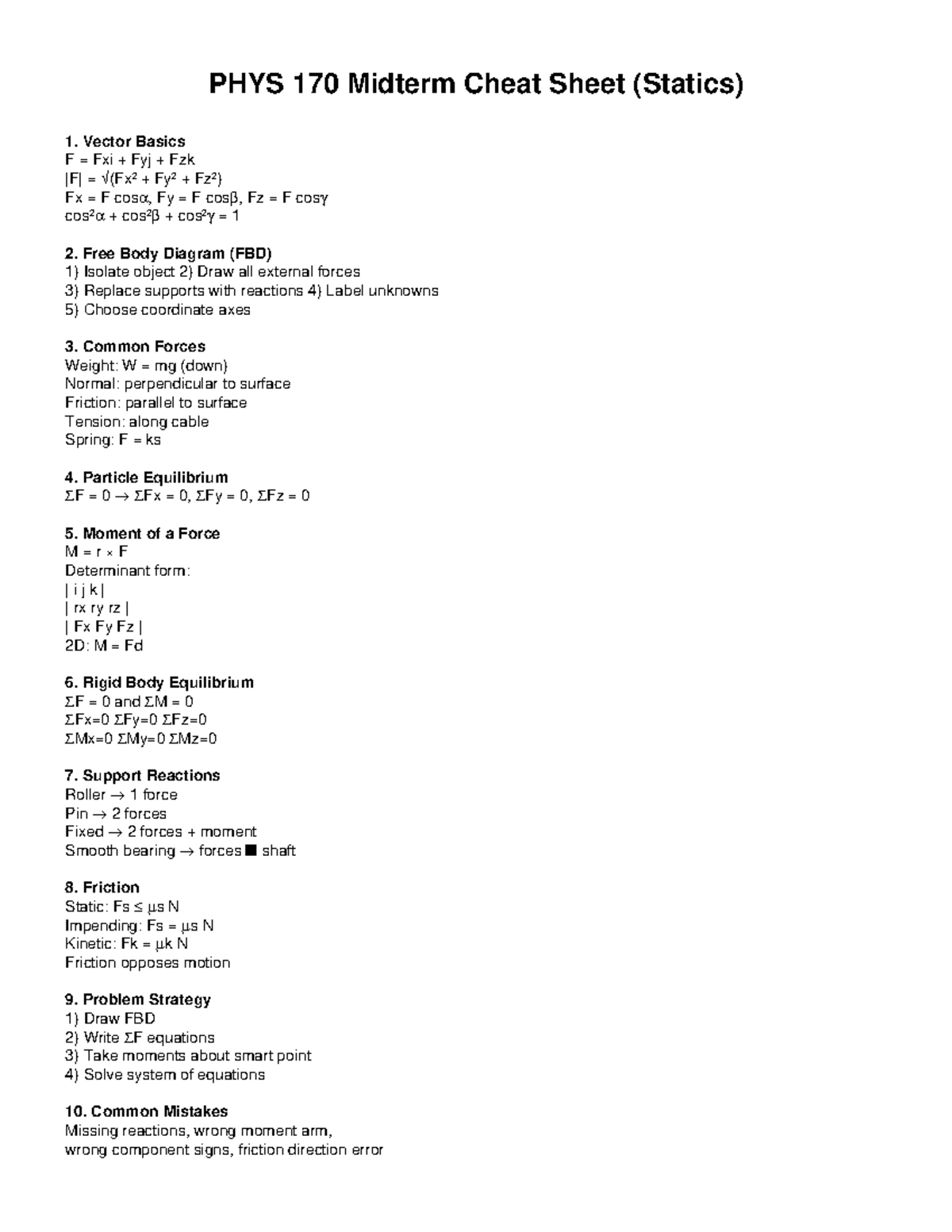PHYS 170 Midterm Cheat Sheet: Statics & Equilibrium Concepts - Studocu