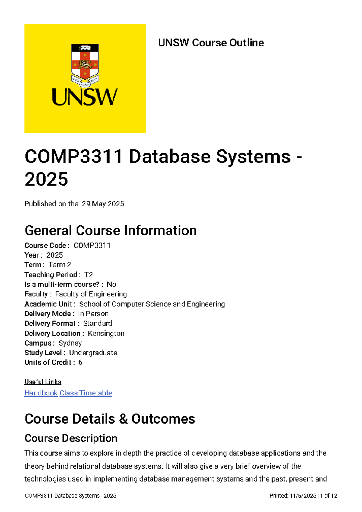 COMP3311 2025 T2 Course Outline: Database Systems Overview - Studocu