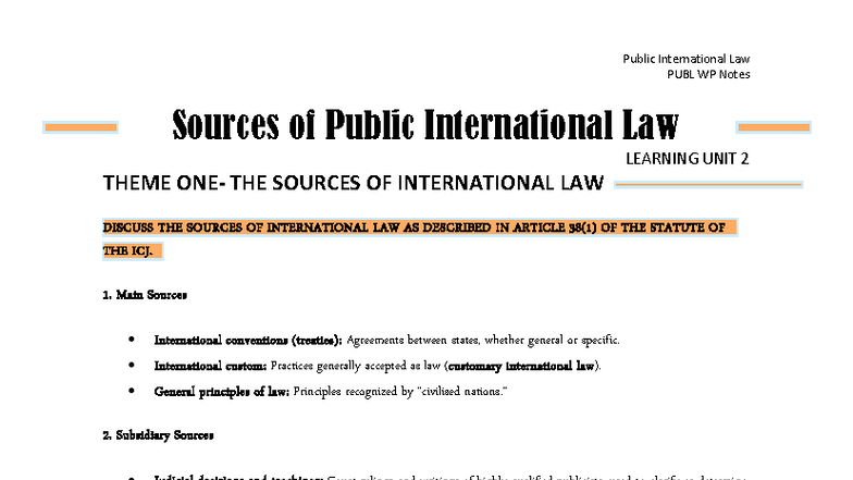 PUBL WP Notes: Sources of Public International Law - Learning Unit 2 ...