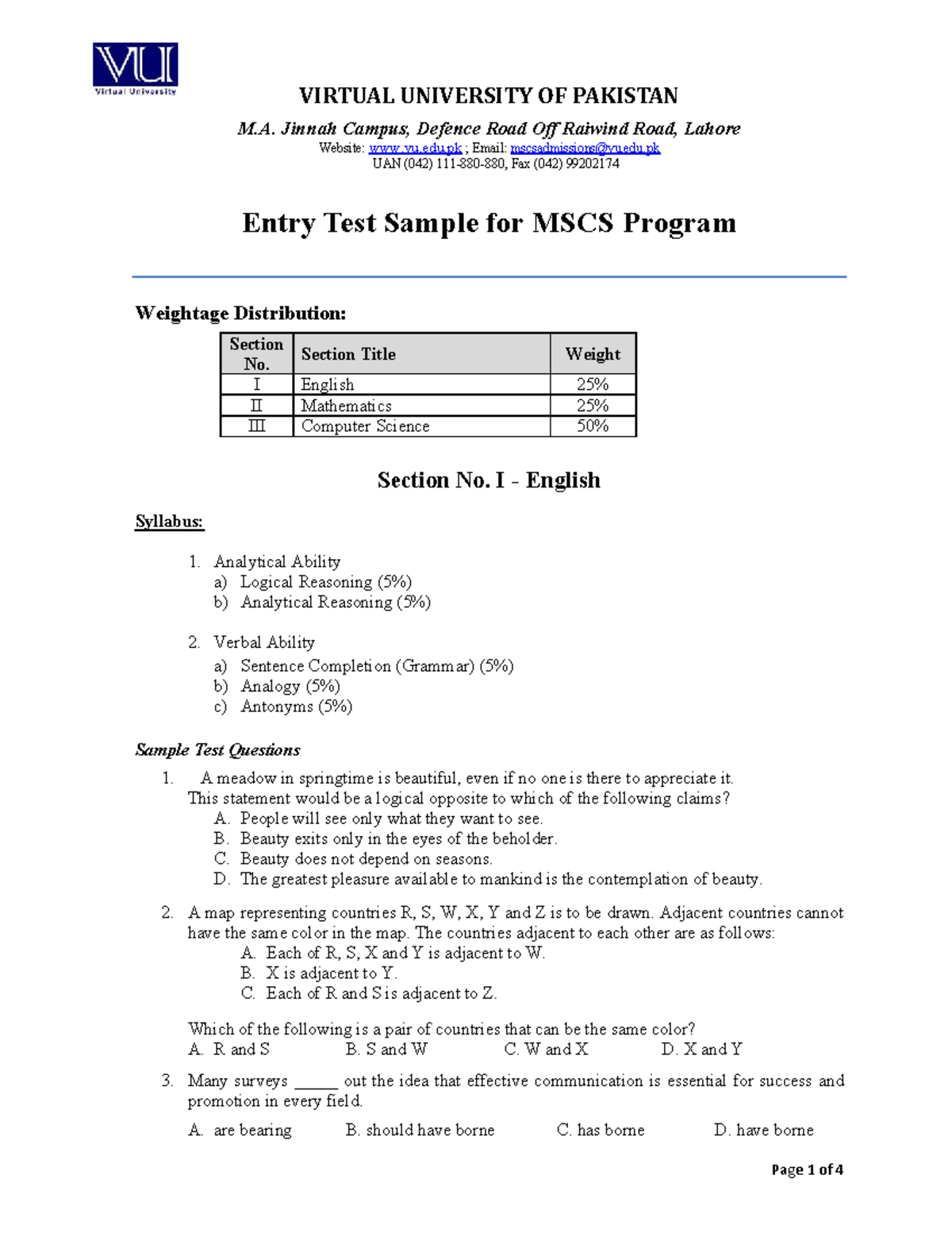 VU Admission Entry Test Sample for MS(CS) Program - Studocu