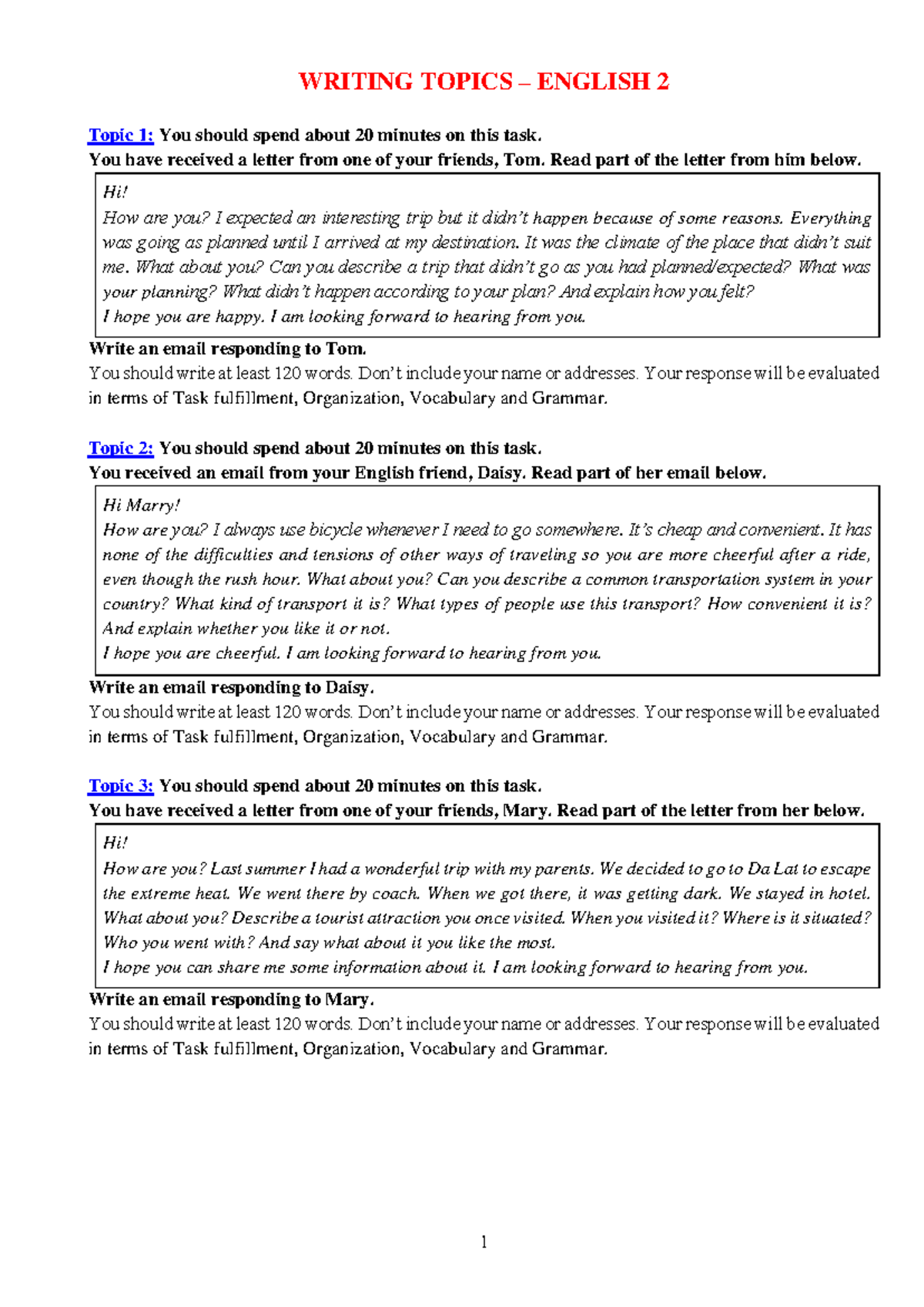 Writing Topics for English 2: Email Response Tasks - Studocu