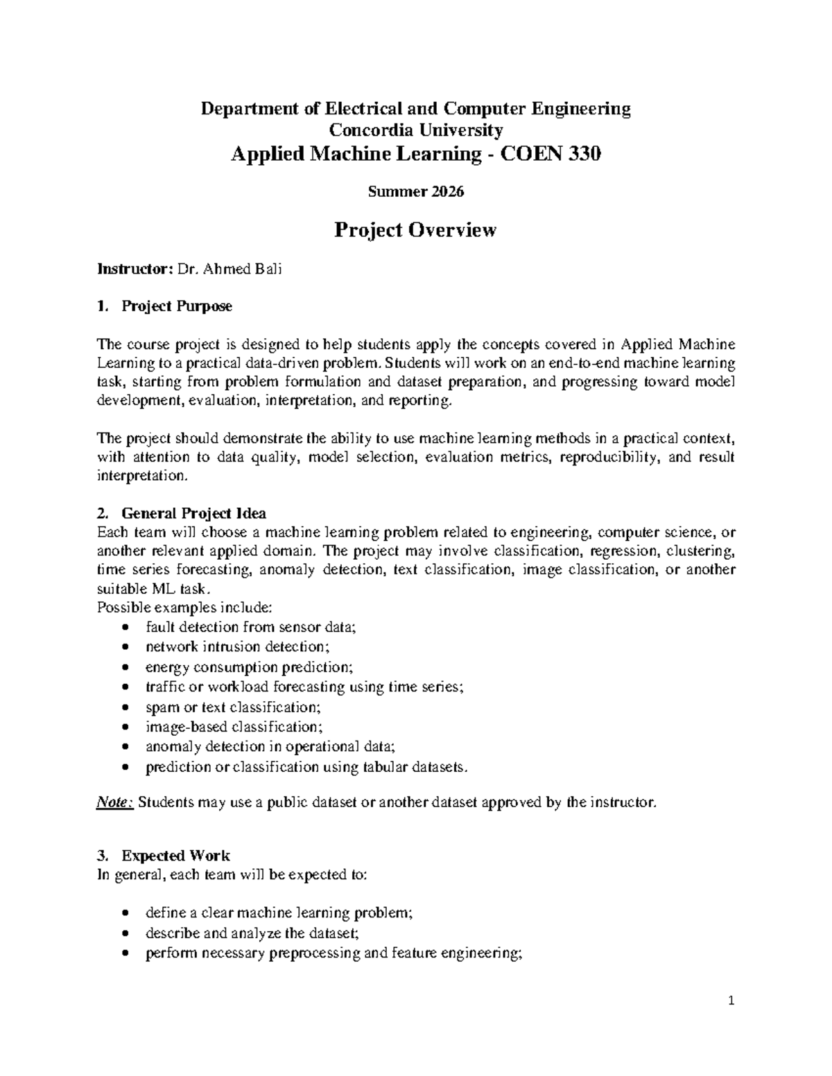 Applied Machine Learning Project Overview - COEN 330 Summer 2026 - Studocu