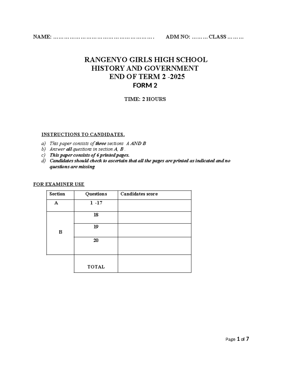 History & Government End of Term 2 Exam F2 2025 - Studocu