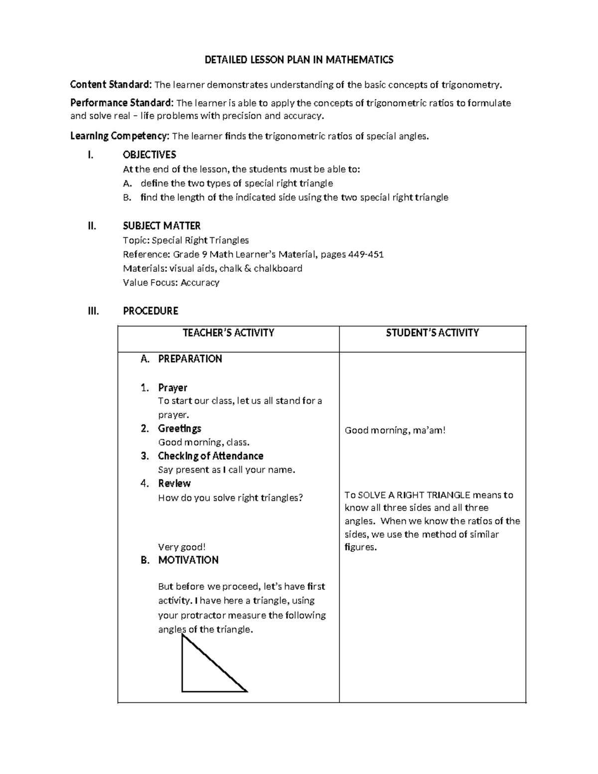 Detailed Lesson Plan on Special Right Triangles (400162101) - Studocu