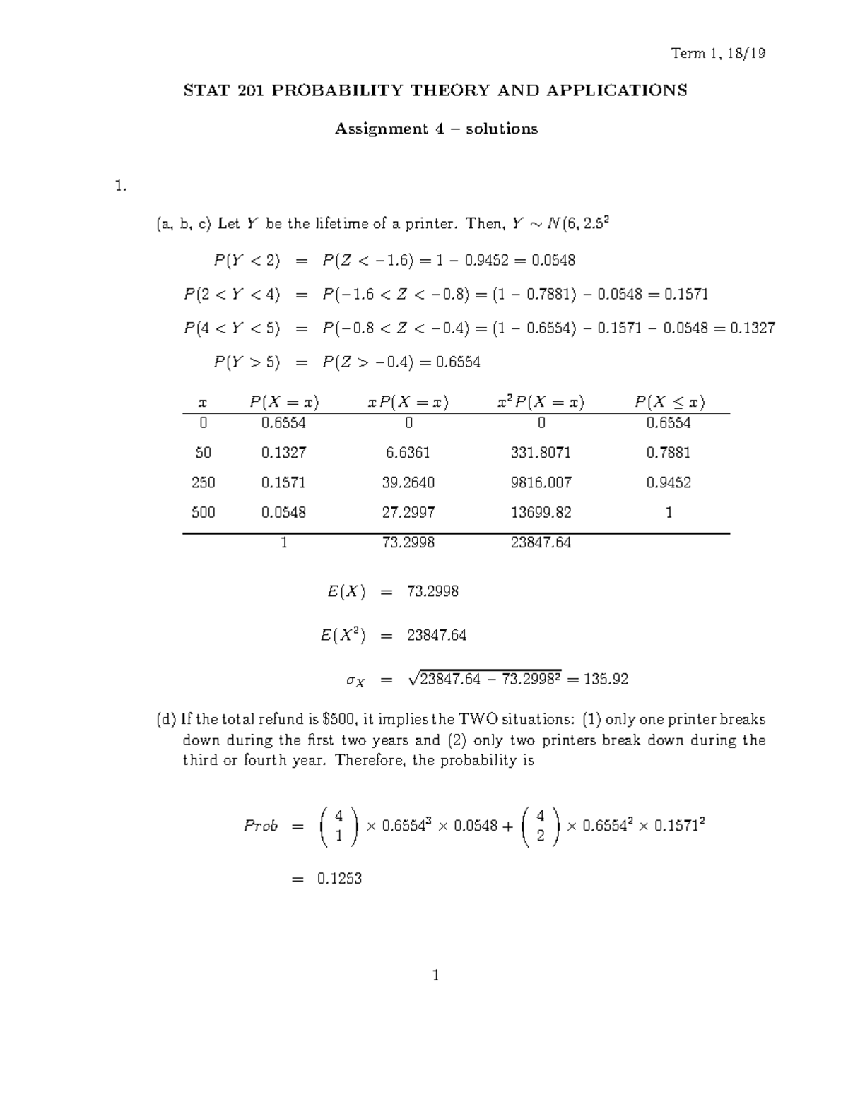 STAT 201 Assignment 4 - Detailed Solutions and Probability Analysis ...