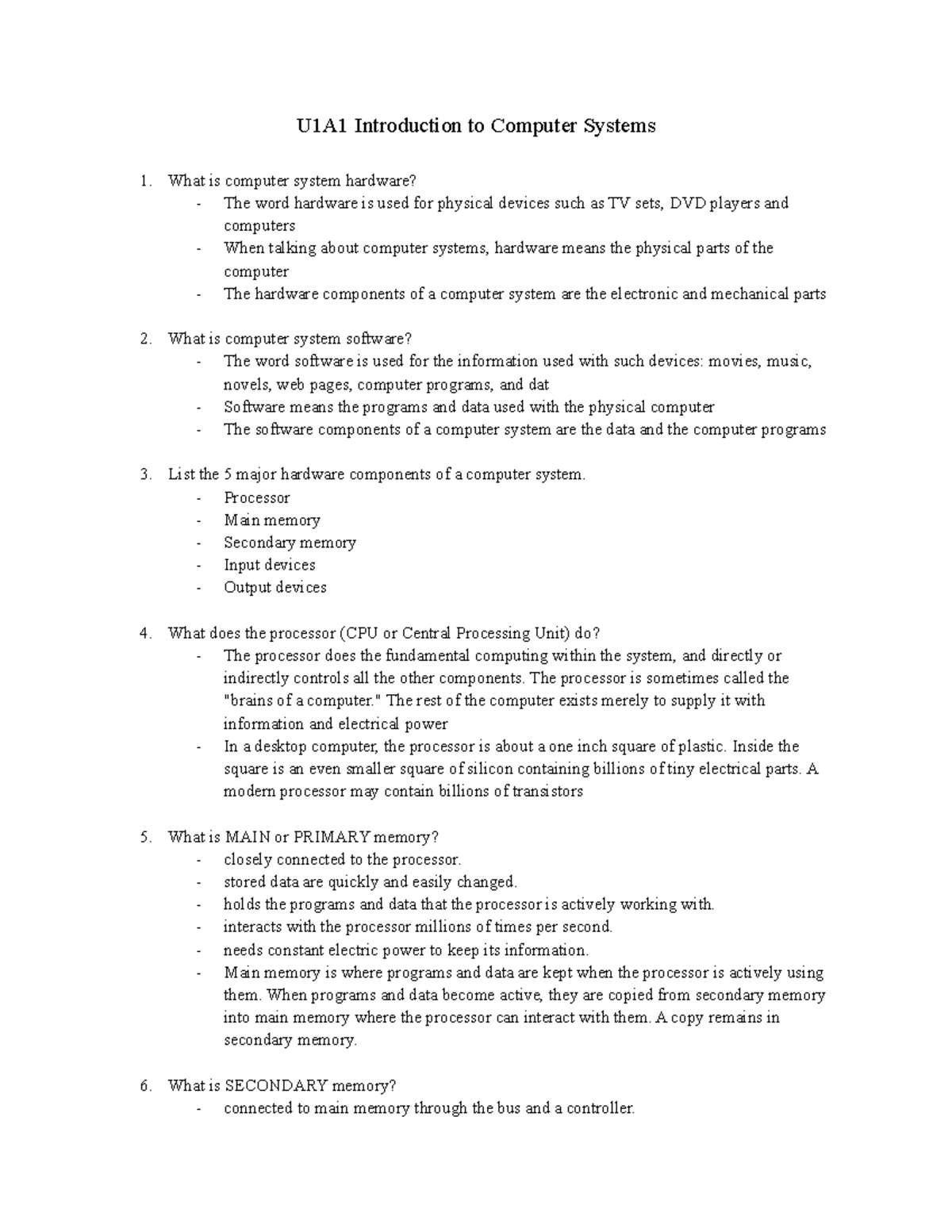 U1A1 Final Exam Study Notes: Introduction to Computer Systems - Studocu