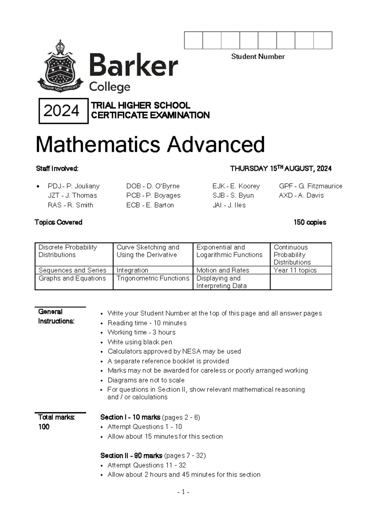 2024 HSC Mathematics Advanced Trial Exam Paper - Studocu