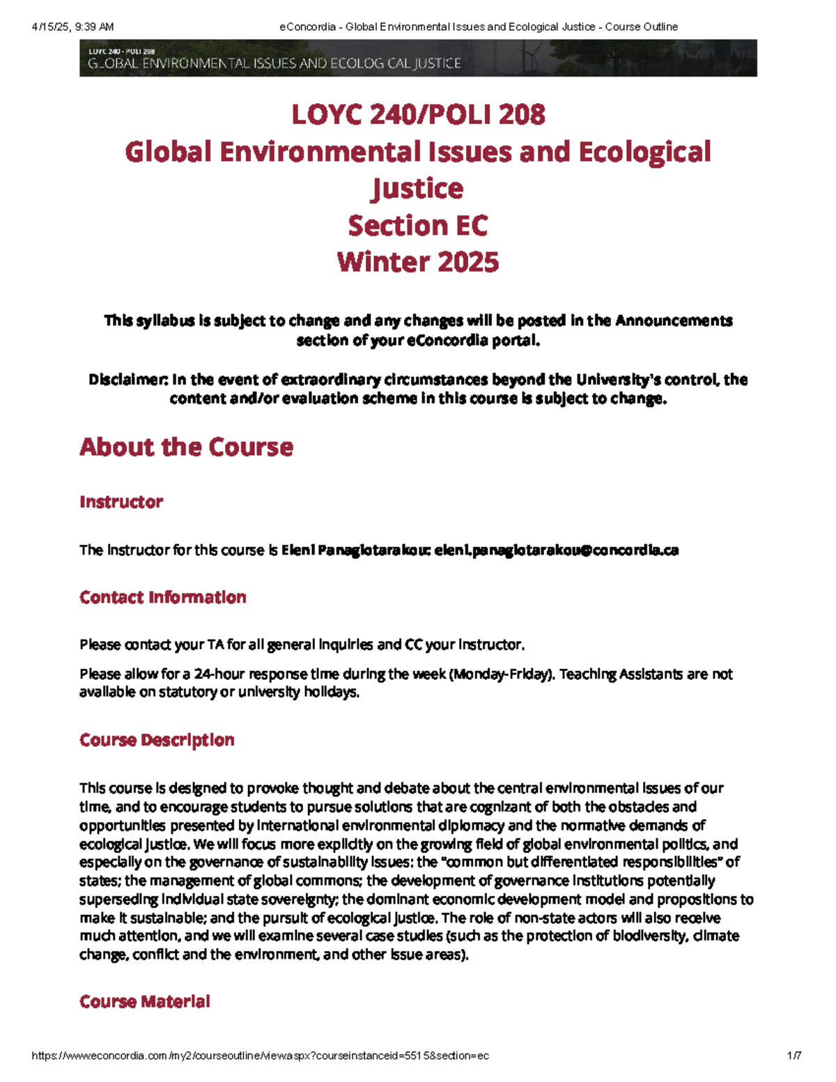 LOYC 208 Global environmental issues and ecological justice course ...