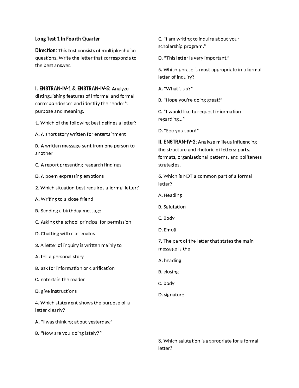 LONG TEST 1 Q4: Analyzing Formal & Informal Letters - Studocu