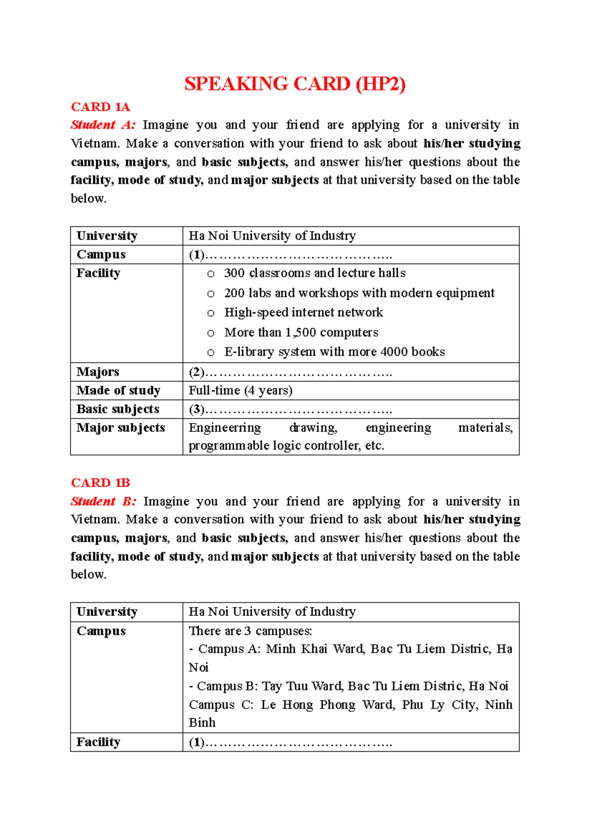 SPEAKING CARD (HP2) - Conversations for University Applications and ...