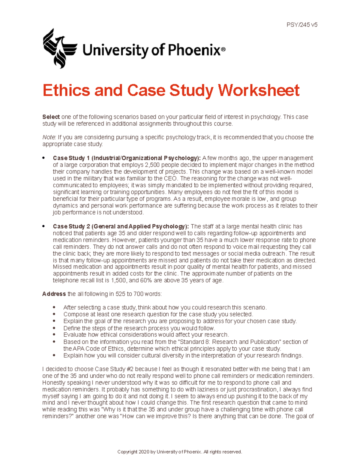 PSY 245 Research and Statistics Case Study Worksheet - PSY/245 v Ethics ...