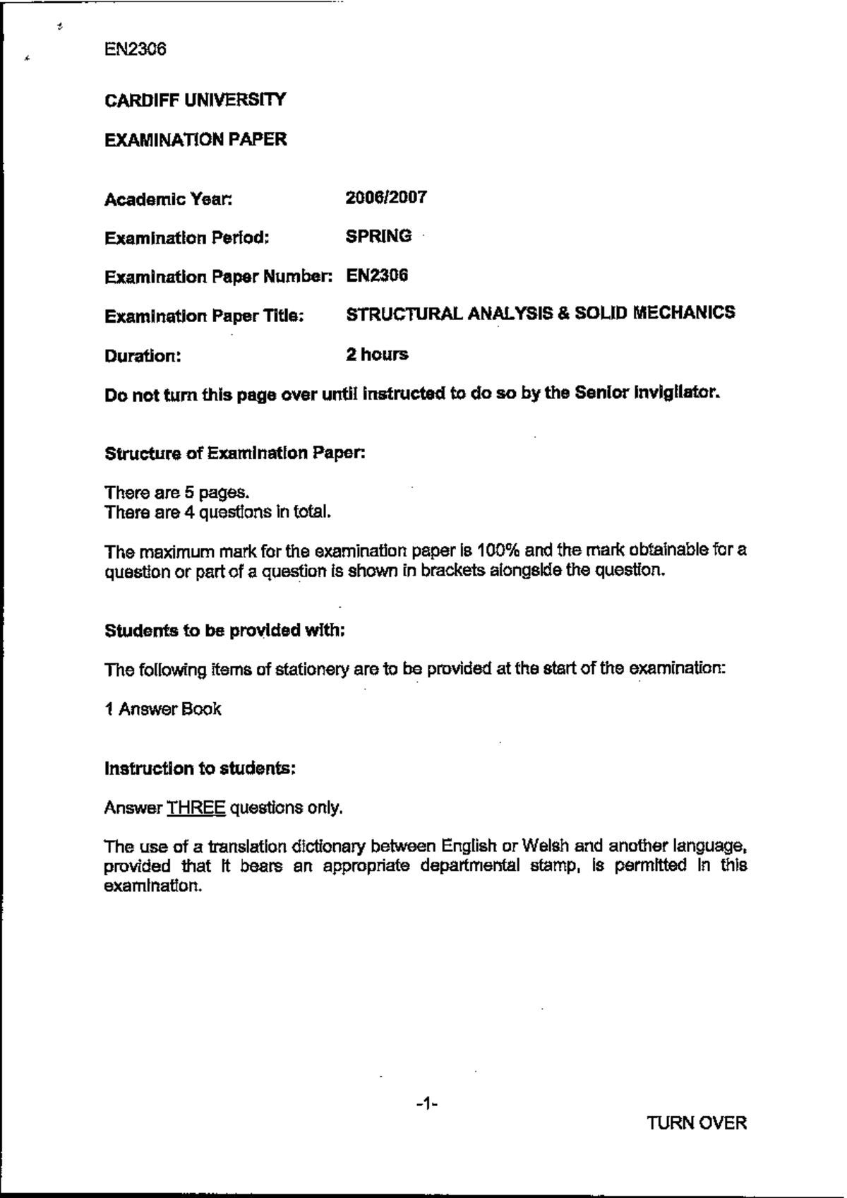 EN2306 STRUCTURAL ANALYSIS EXAM PAPER - SPRING 2006-07 - Studocu