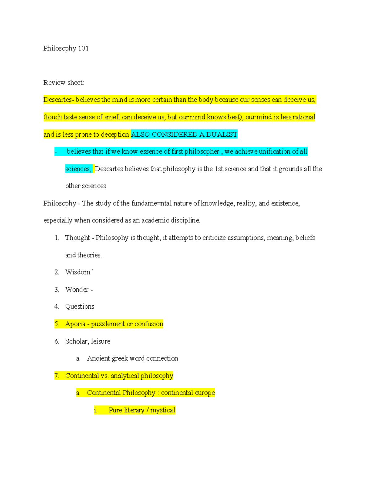 Philosophy 101 Review Sheet: Key Concepts and Thinkers Overview - Studocu