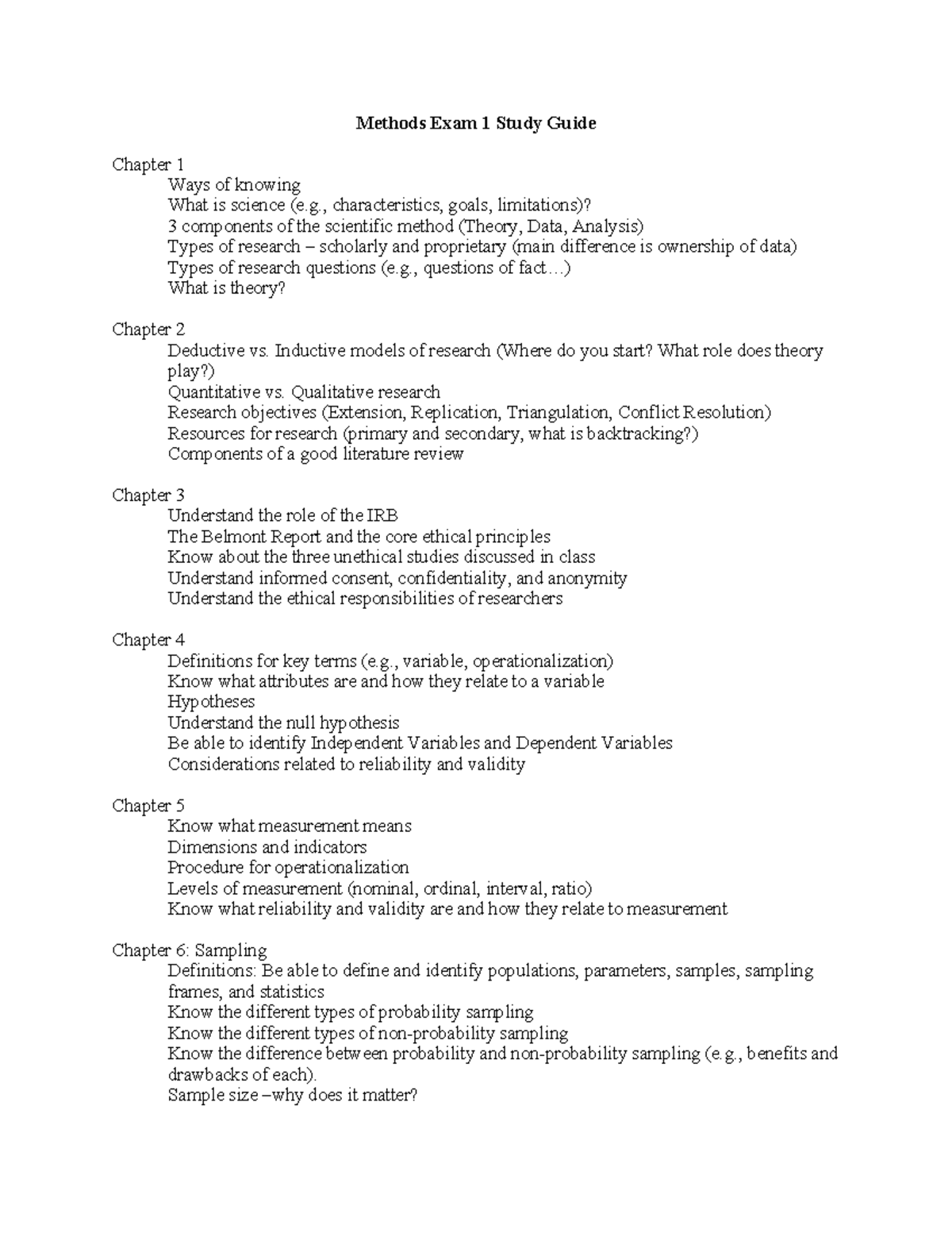 Methods Exam 1 Study Guide: Key Concepts & Ethics in Research - Studocu