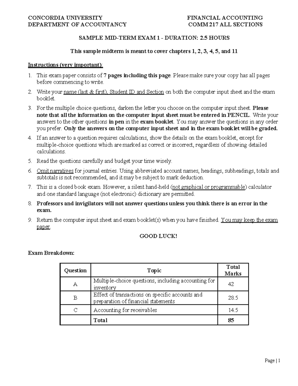 Sample Midterm Exam 1 - COMM 217 Financial Accounting - Studocu