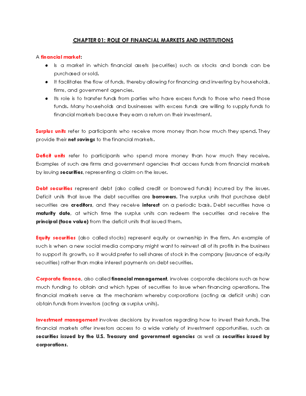 Chapter 01 - Role of Financial Markets & Institutions in Finmar - Studocu