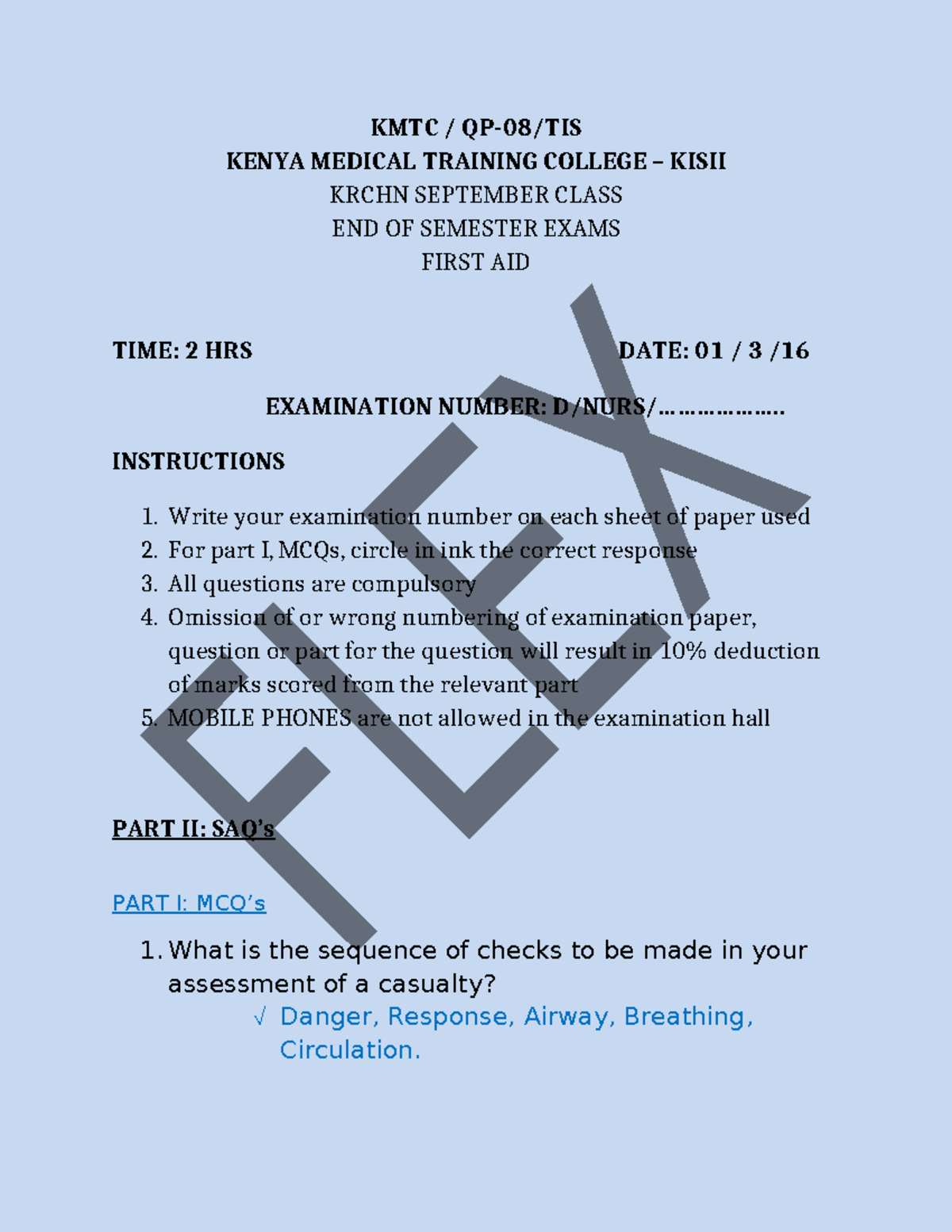 First Aid End of Semester Exam - KMTC/KRCHN Sept 2015 - Studocu