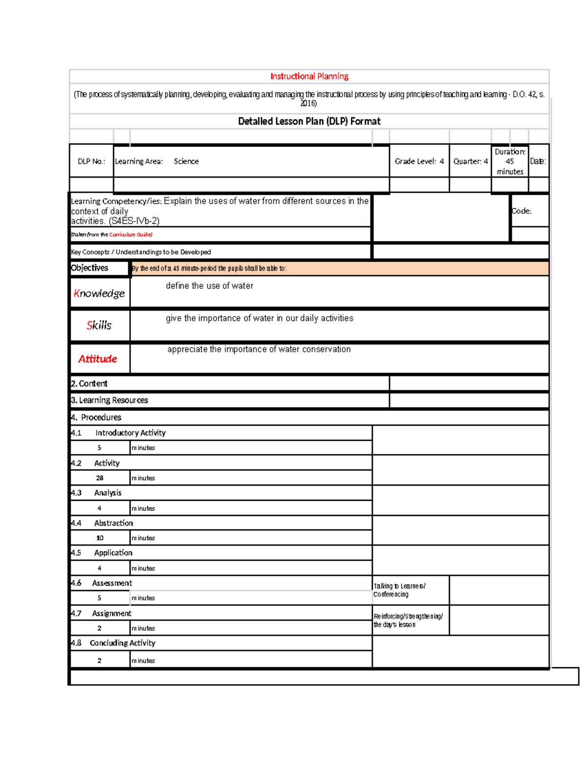 DLP Format for Science Grade 4: Instructional Planning & Water Use ...