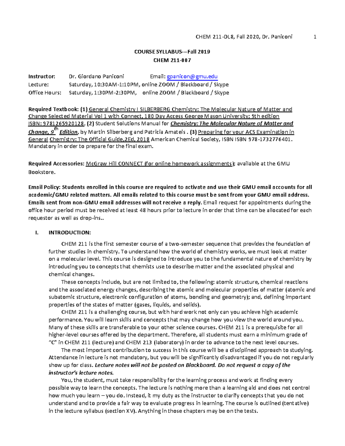CHEM 211 - General Chemistry I Syllabus for Fall 2019 Semester - Studocu