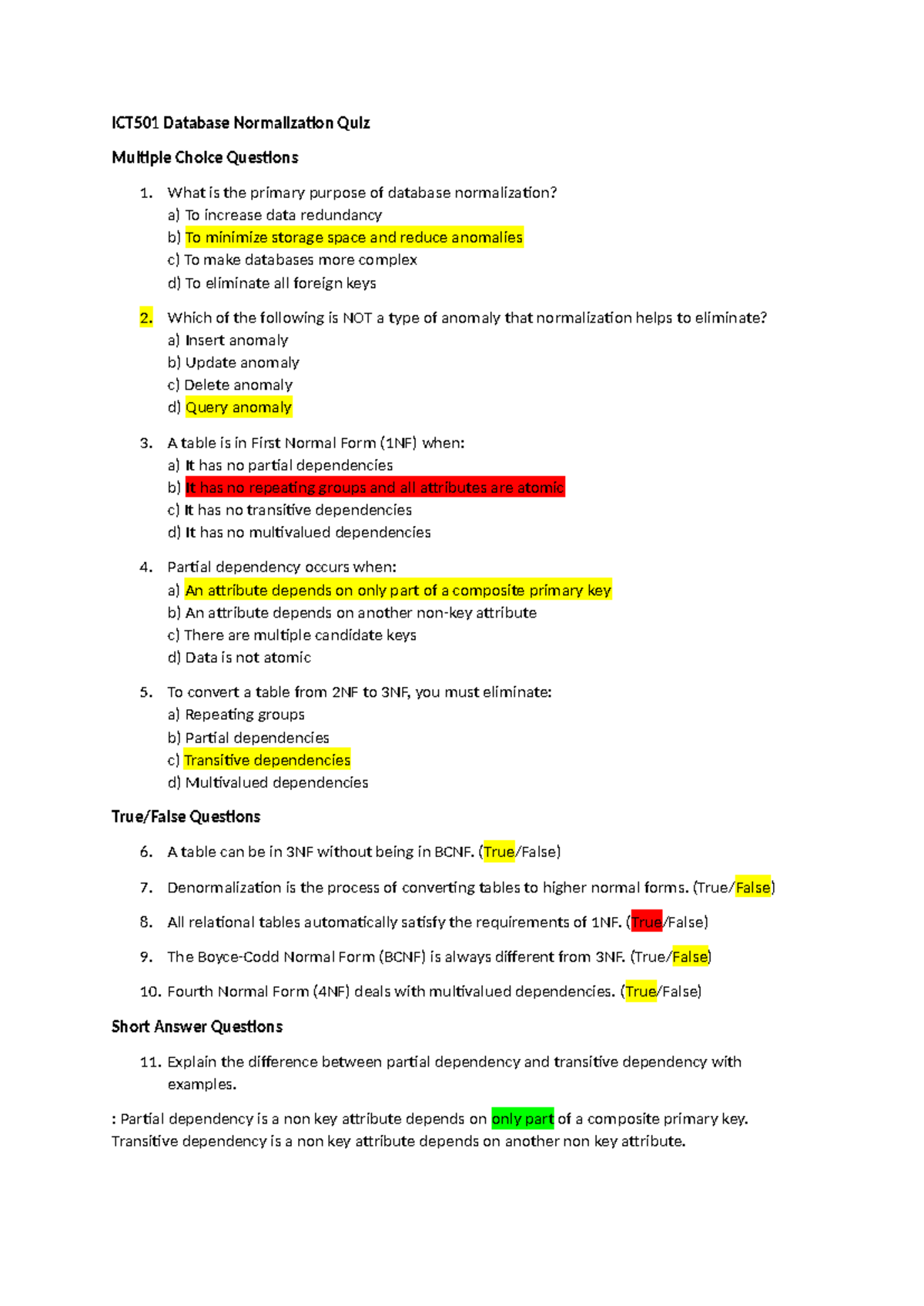 ICT501 Database Normalization & ERM Quiz Questions and Answers - Studocu