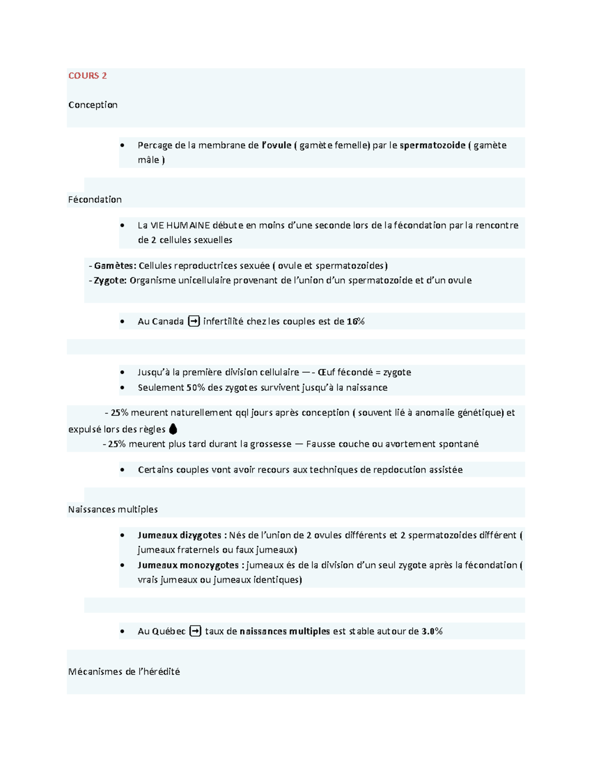 Cours 2 - Conception et Développement de la Vie Humaine - Studocu