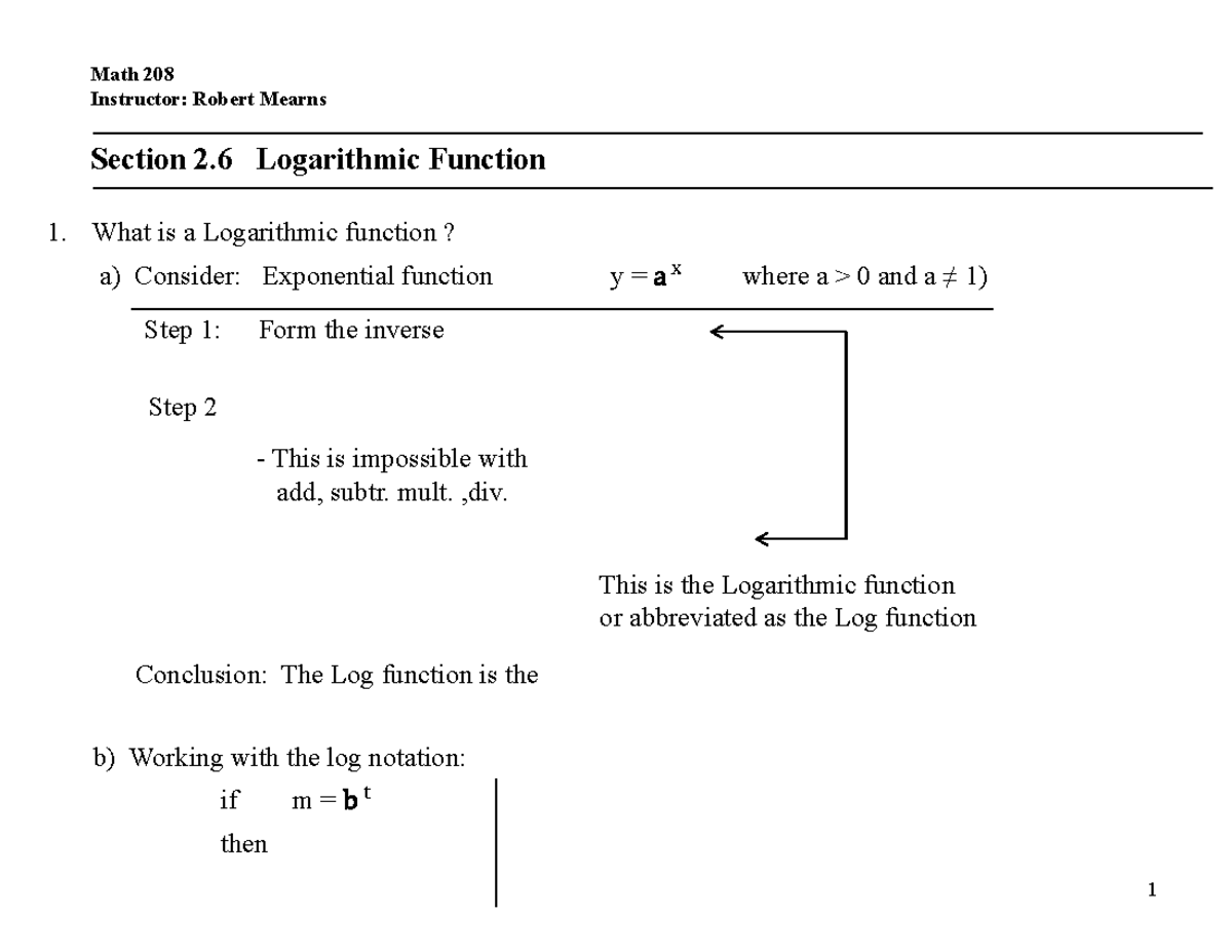 Math 208 Lecture Notes: Section 2.6 - Logarithmic Functions - Studocu