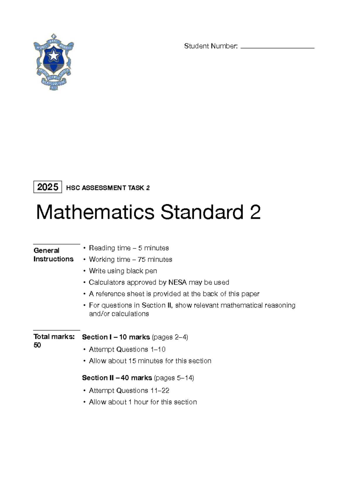 2025 HSC ASSESSMENT TASK 2: Mathematics Standard 2 Practice Test - Studocu