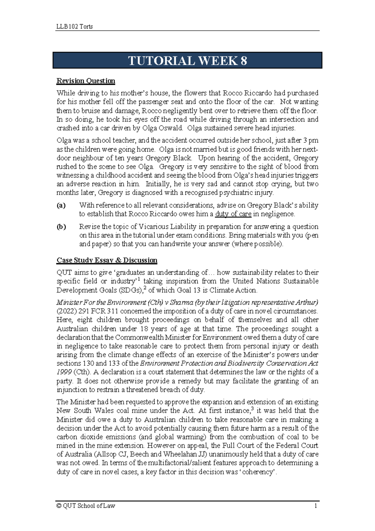 LLB102 Torts Tutorial Week 8: Duty of Care & Vicarious Liability - Studocu