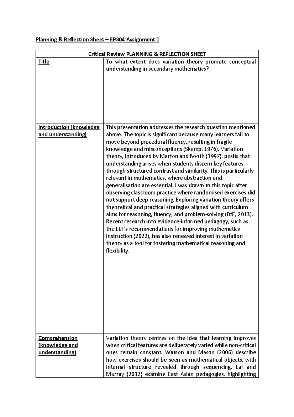 Critical Review of Variation Theory in Secondary Math EP304 Assignment ...