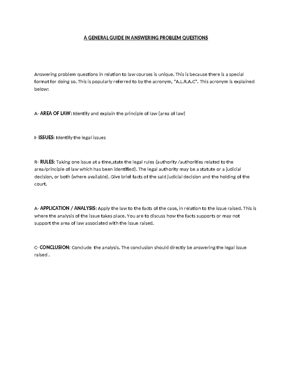 Law Course Guide: AIRAC Method for Problem Questions - Studocu