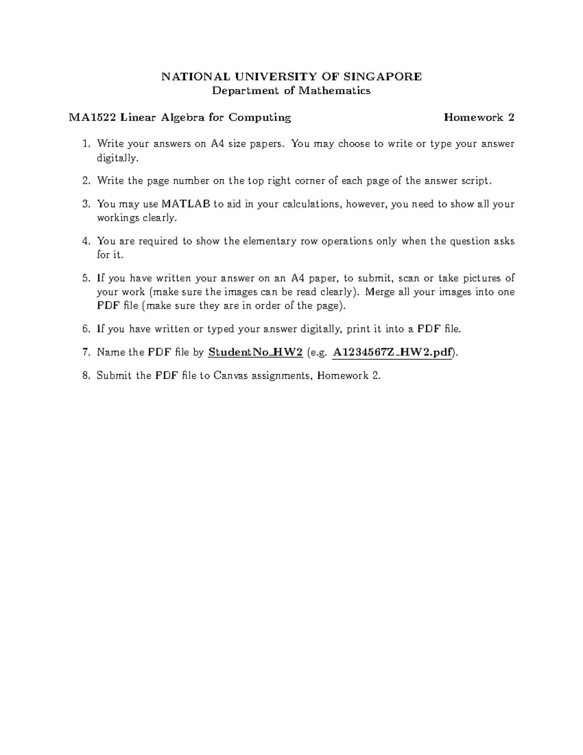 MA1522 Linear Algebra for Computing Homework 2 Guidelines and Questions ...