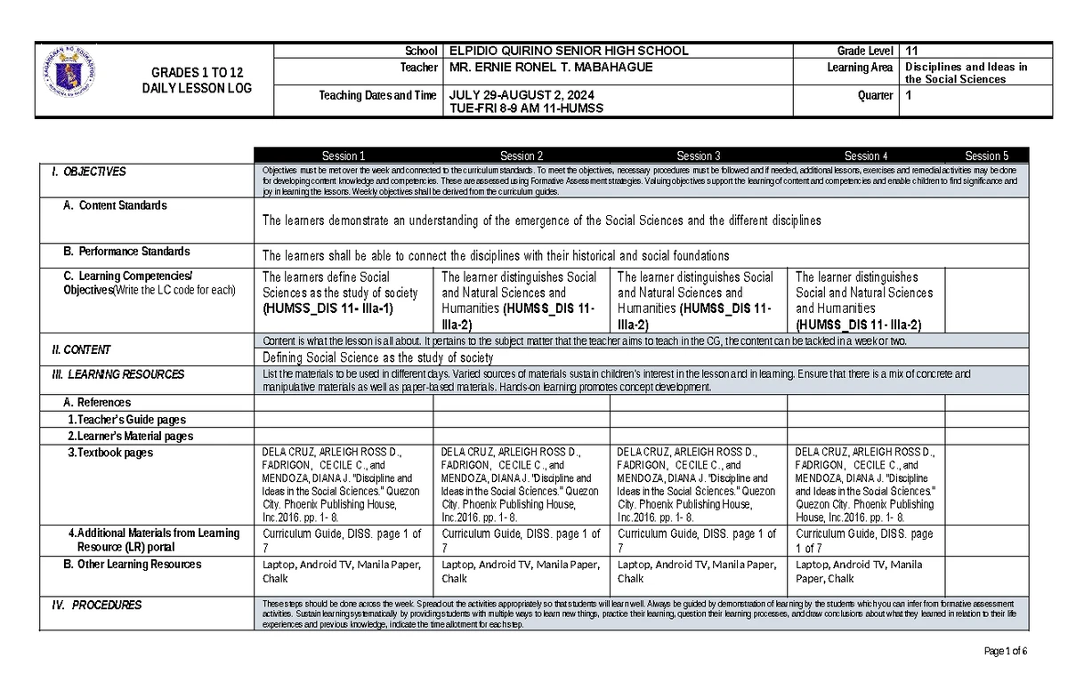 DISS 11 Week 2 Daily Lesson Log for Social Science Disciplines - Studocu