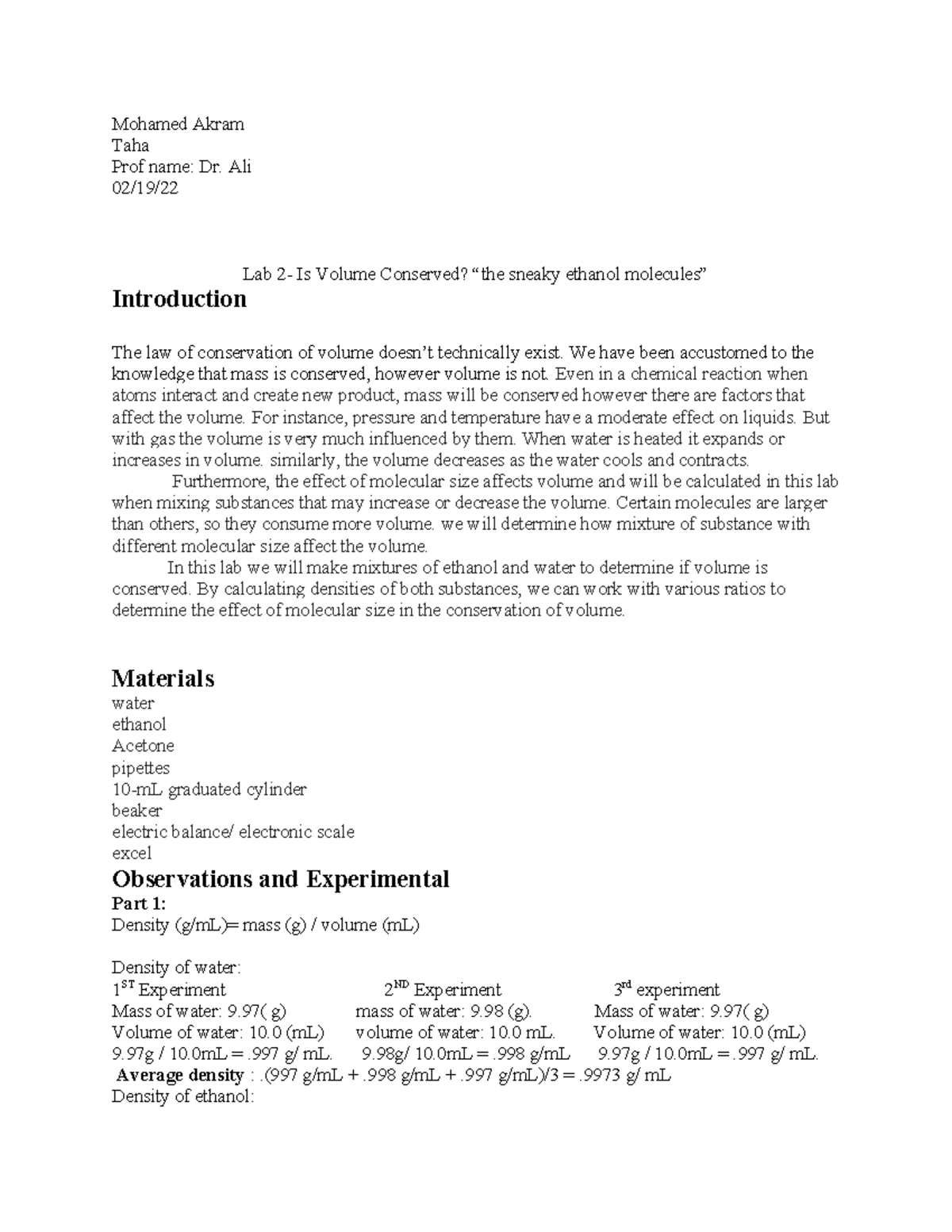 CHEM LAB 106 - Lab Report 2: Is Volume Conserved in Ethanol-Water Mix ...