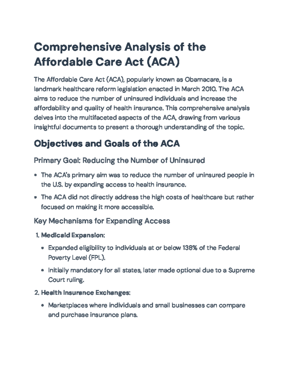 Comprehensive Analysis of the Affordable Care Act (ACA) - Policy ...
