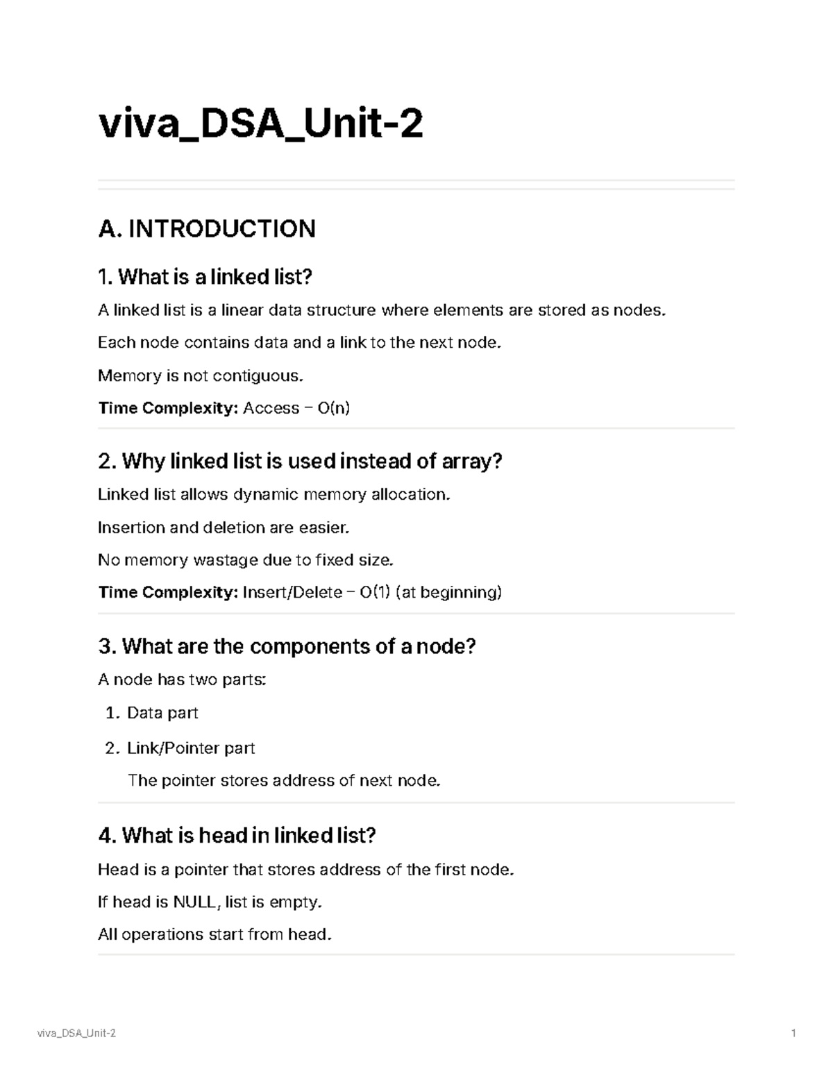 Viva DSA Unit-2: Linked List Concepts and Time Complexity - Studocu