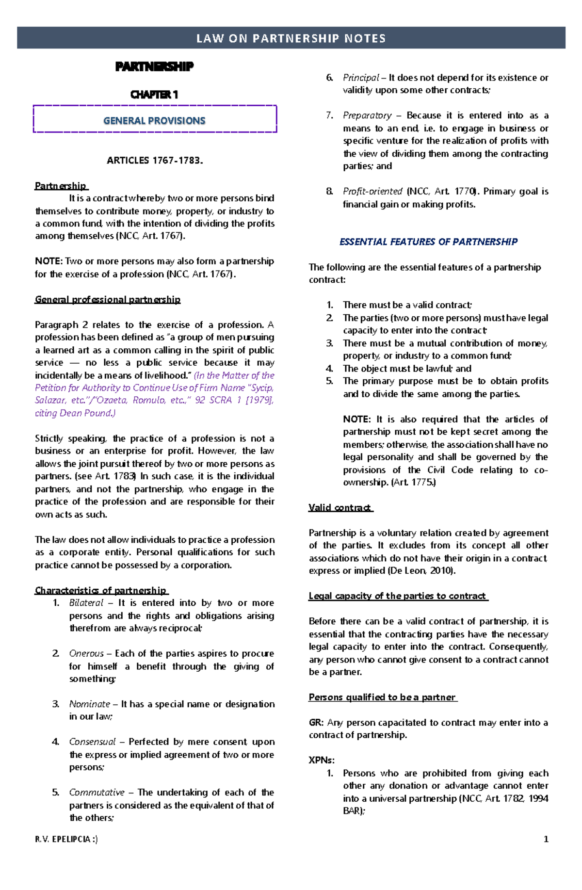 LAW ON PARTNERSHIP NOTES: GENERAL PROVISIONS AND ESSENTIAL FEATURES ...