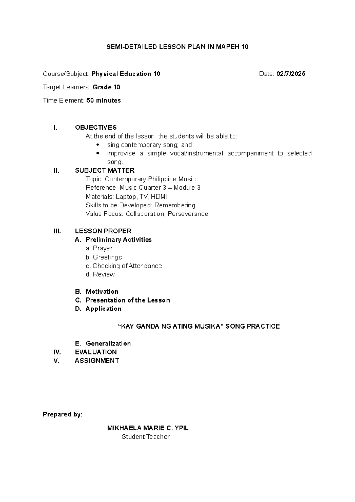 LP 10 - guide - SEMI-DETAILED LESSON PLAN IN MAPEH 10 Course/Subject ...