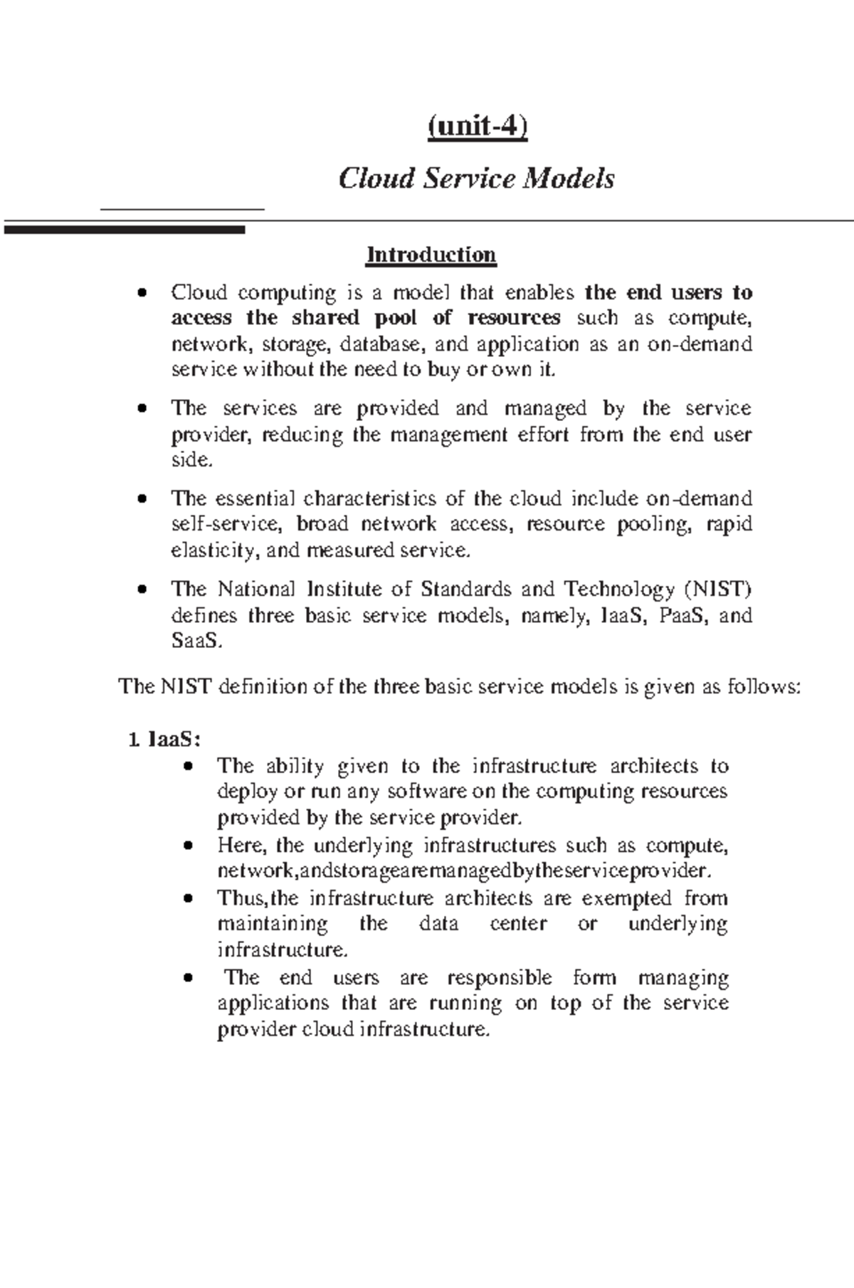 Cloud Computing: Introduction to Service Models (Unit-4) - Studocu