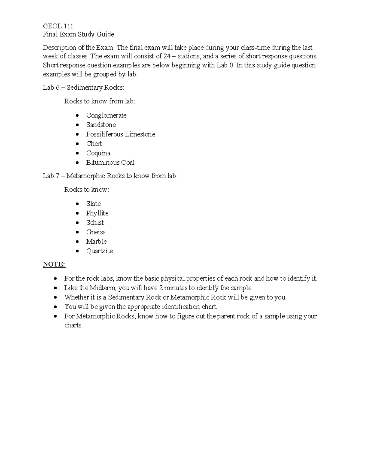 GEOL 111 Final Exam Study Guide - Studocu