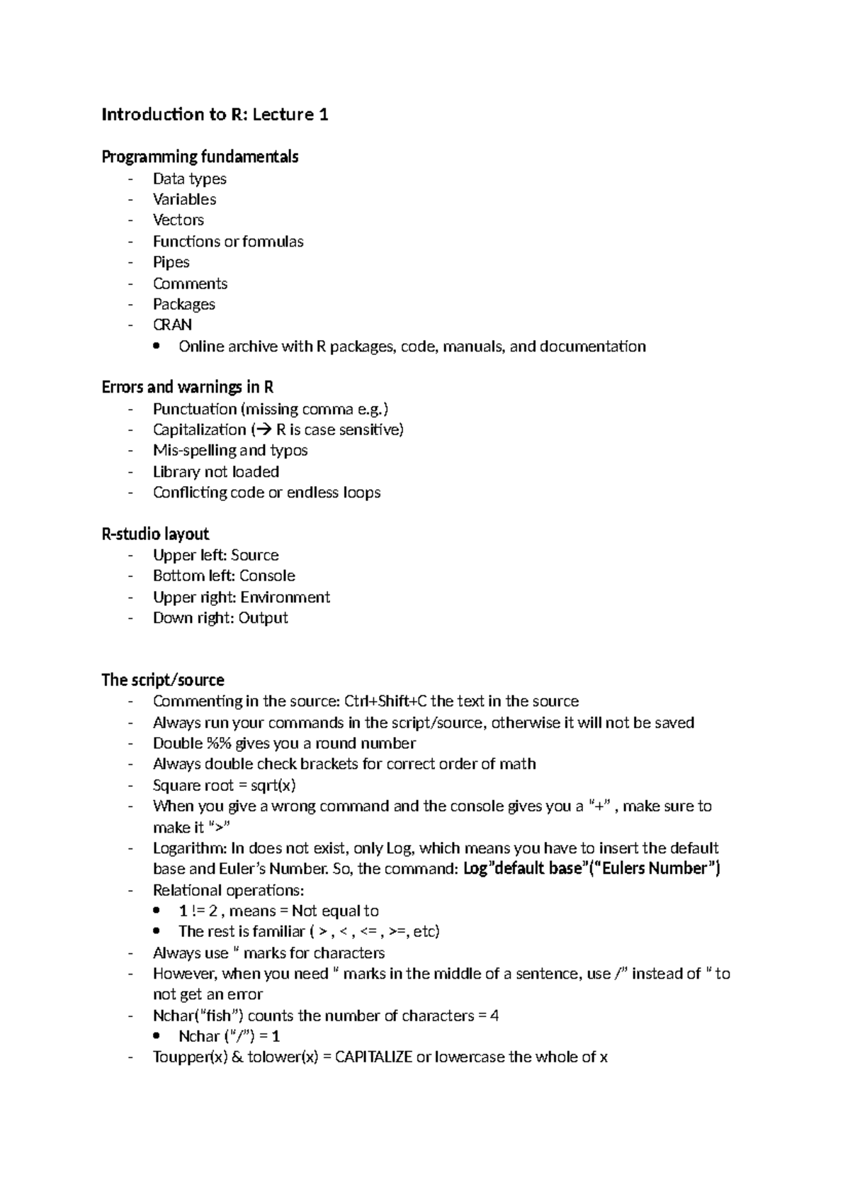 Introduction to R - Lecture Notes on Programming Fundamentals & Stats ...
