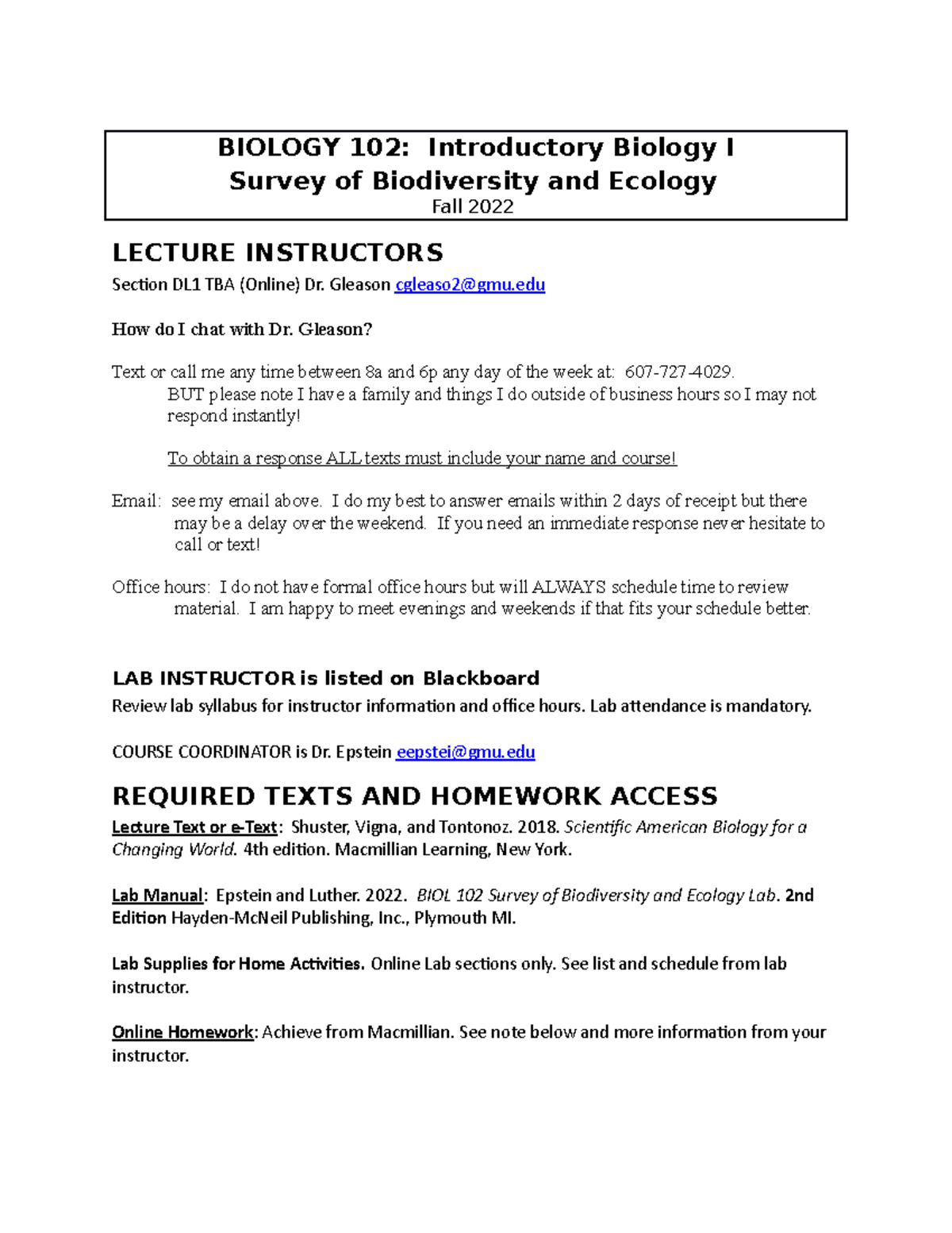 BIOL102 DL1 Fall2022 - Introductory Biology Syllabus and Course Info ...