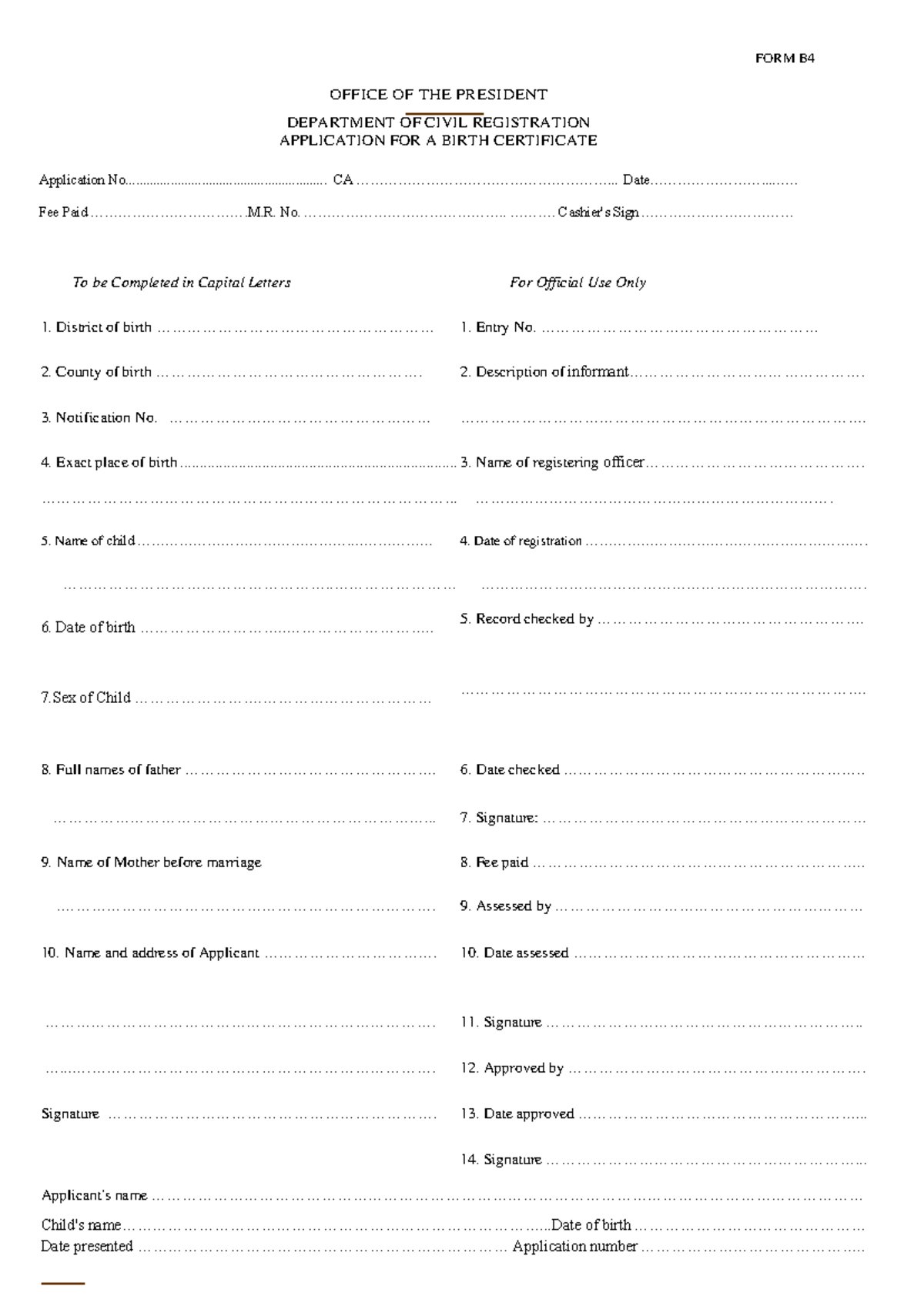 Application for Late Birth Registration - Form B (Kenya) - Studocu