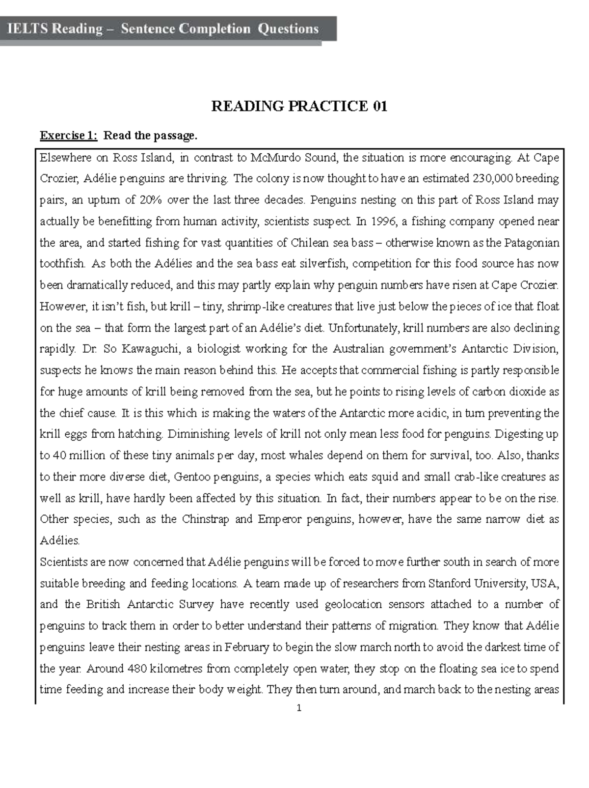 WS 01 Reading Practice: Sentence Completion Exercises - Studocu