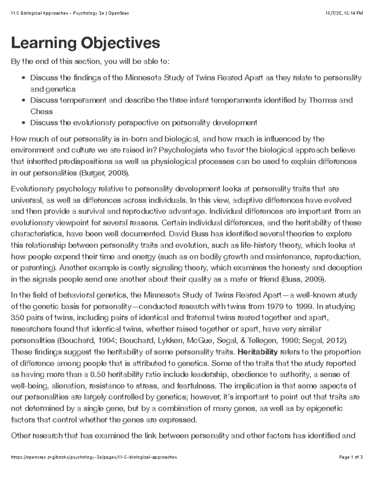 Biological Approaches to Personality Development - PSY 2e Notes - Studocu