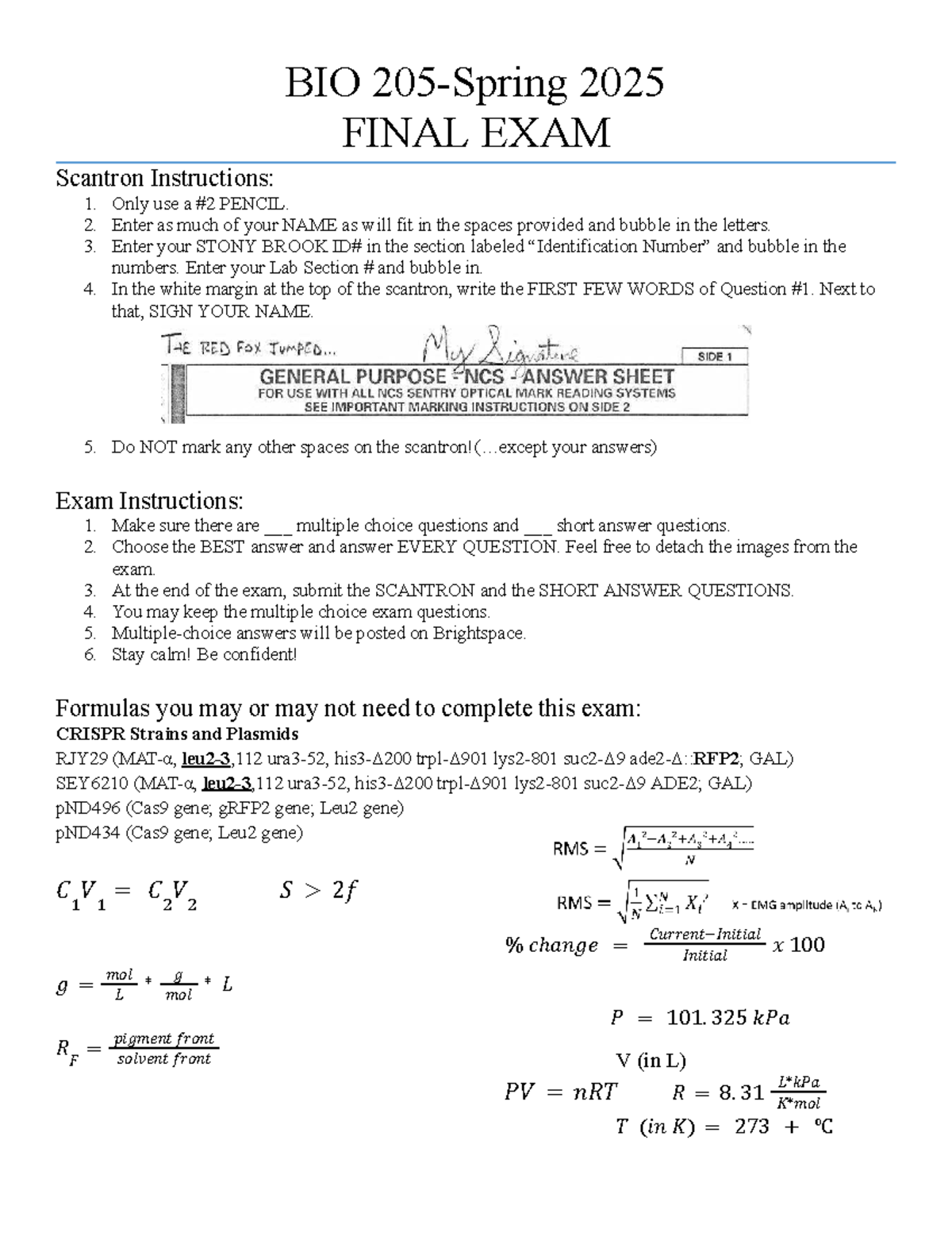 BIO 2025 FINAL EXAM Scantron Instructions and Guidelines - Studocu