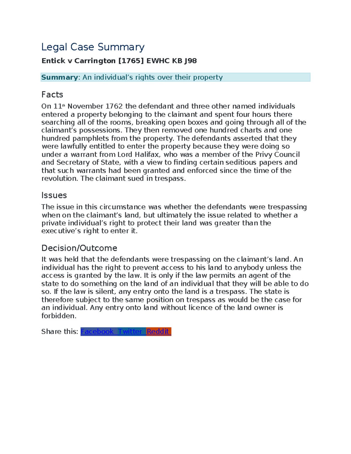 Entick v Carrington EWHC KB J98 Case Summary and Legal Analysis - Studocu