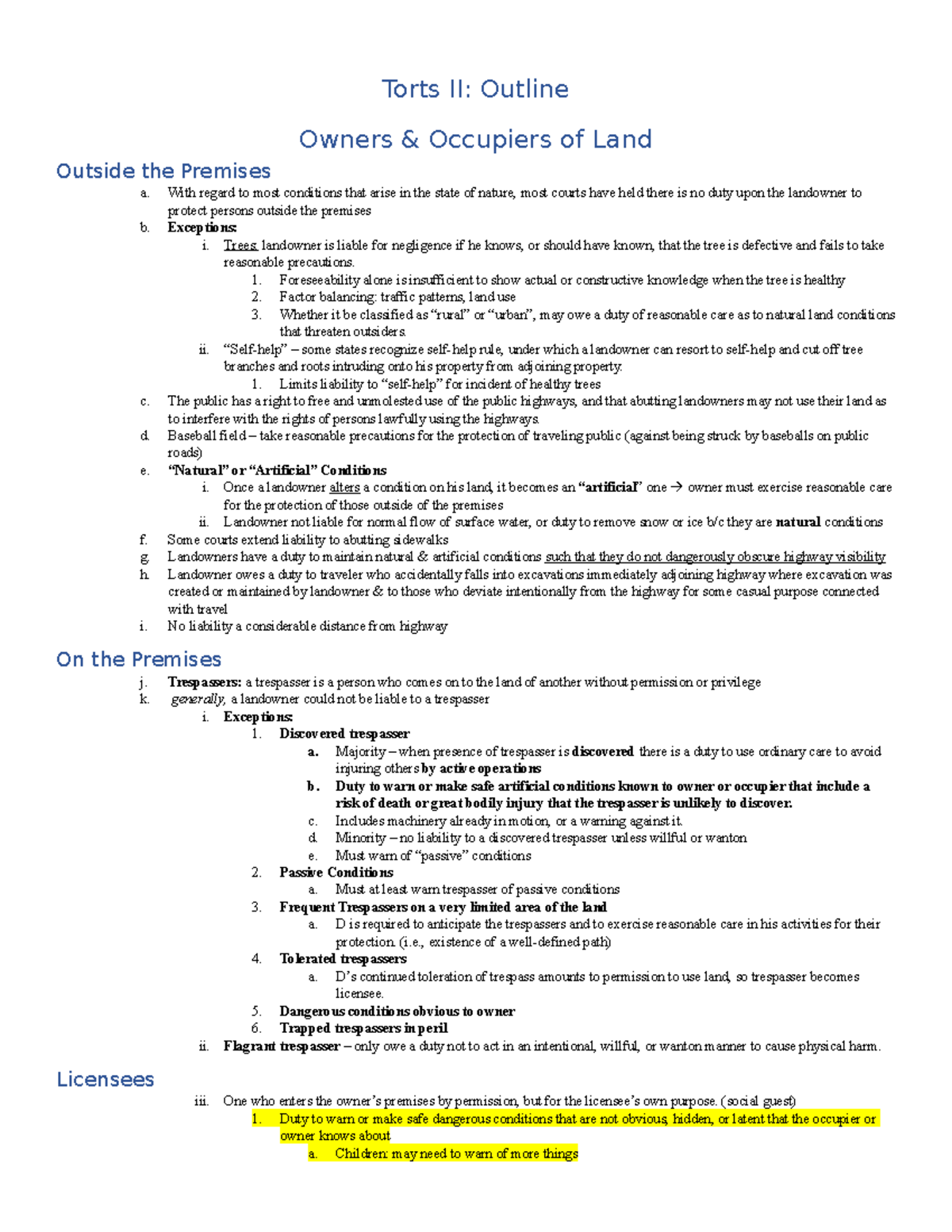 Torts II (LAW 302) Final Exam Outline with Key Examples - Studocu