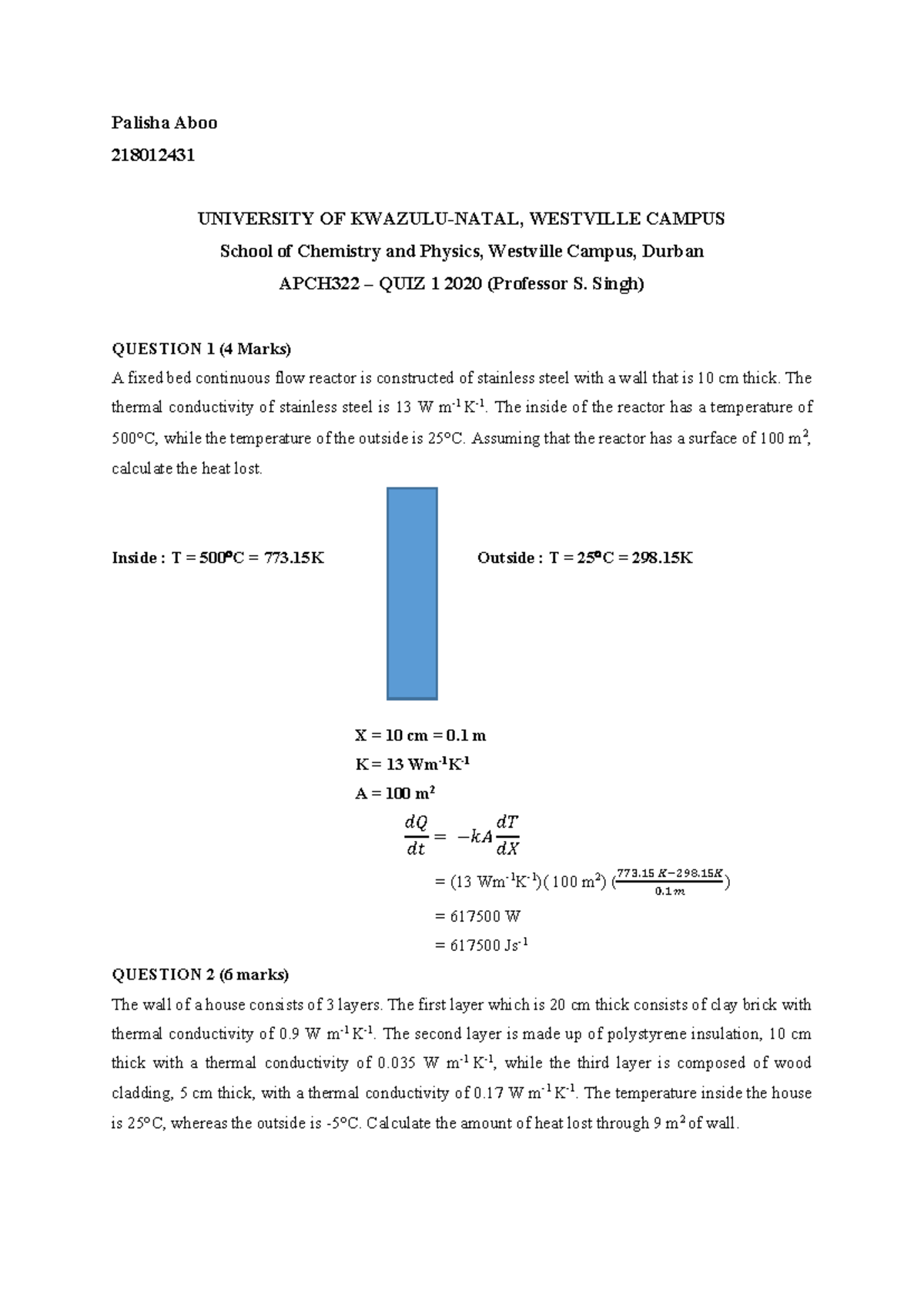 APCH322 QUIZ 1 - Heat Transfer Calculations and Analysis - Studocu